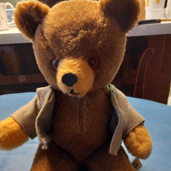 Vintage Teddy Banker Bear by Animal Toys Plus Plastic Eyes And Vest Cottagecore - Picture 1 of 9